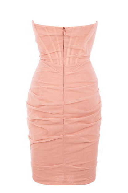 Strapless Corset Bodice Mesh Ruched Bodycon Midi Cocktail Mini Dress