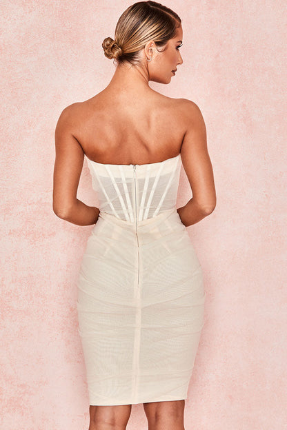 Strapless Corset Boned Sweetheart Mesh Overlay Ruched Bodycon Midi Dress