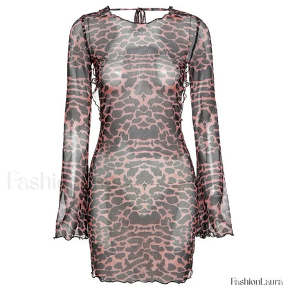 Chic Sexy Backless Leopard Print Summer Women's 2024 New Full Flare Sleeve Skinny Hip Wrap Mini Dress