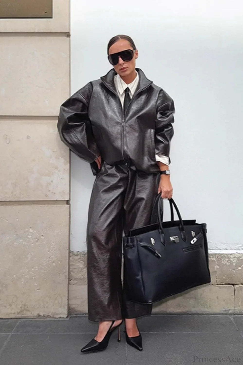 Chic Solid Patent Leather Stand Collar Jacket Skirt Two Piece Set