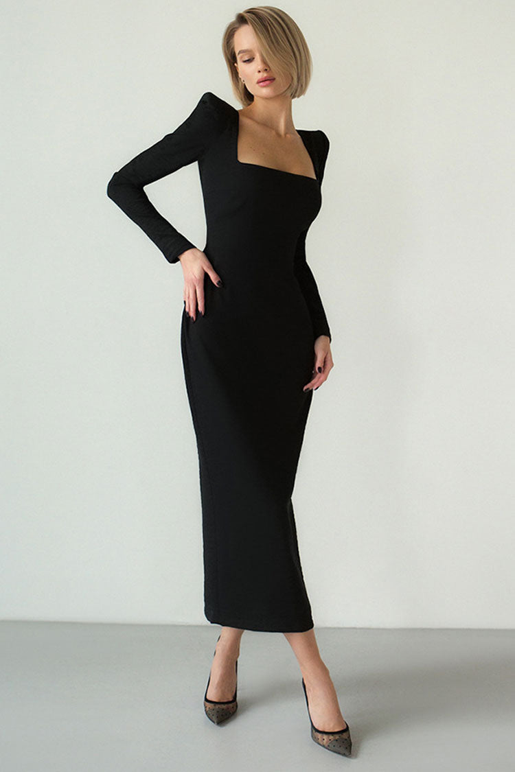 Square Neck Padded Shoulder Long Sleeve Sheath Column Midi Dress