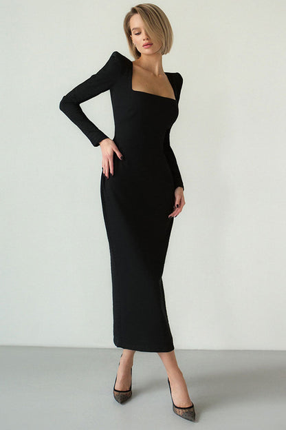 Square Neck Padded Shoulder Long Sleeve Sheath Column Midi Dress