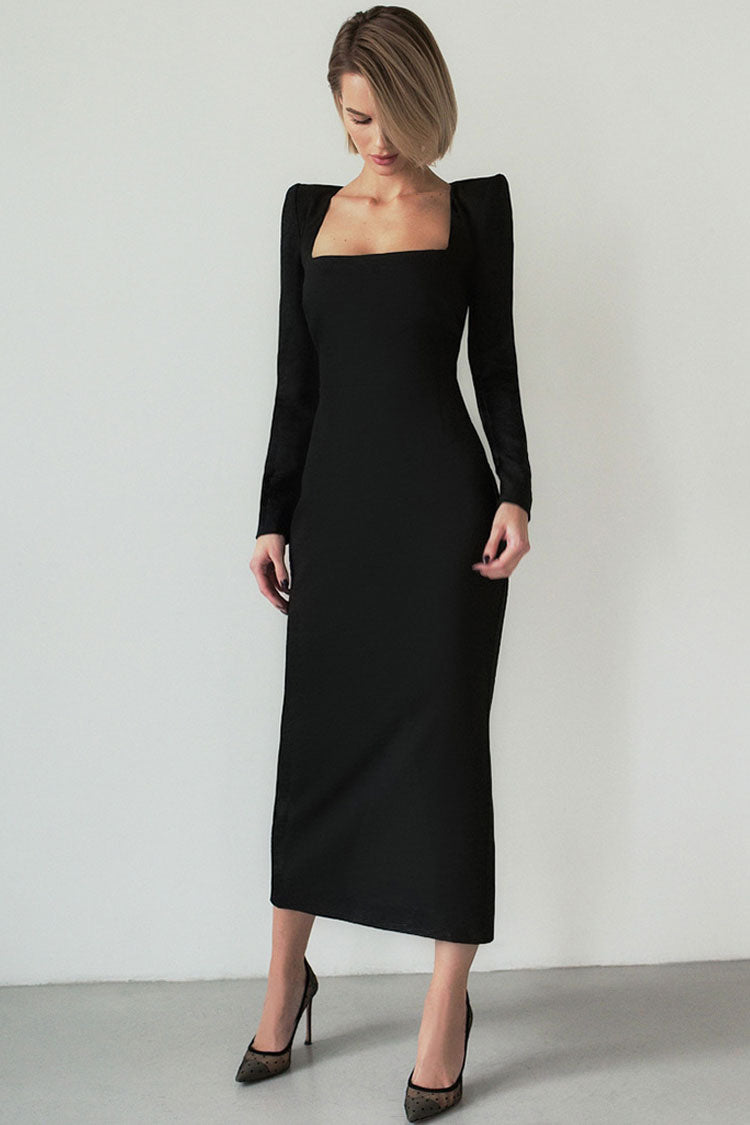 Square Neck Padded Shoulder Long Sleeve Sheath Column Midi Dress