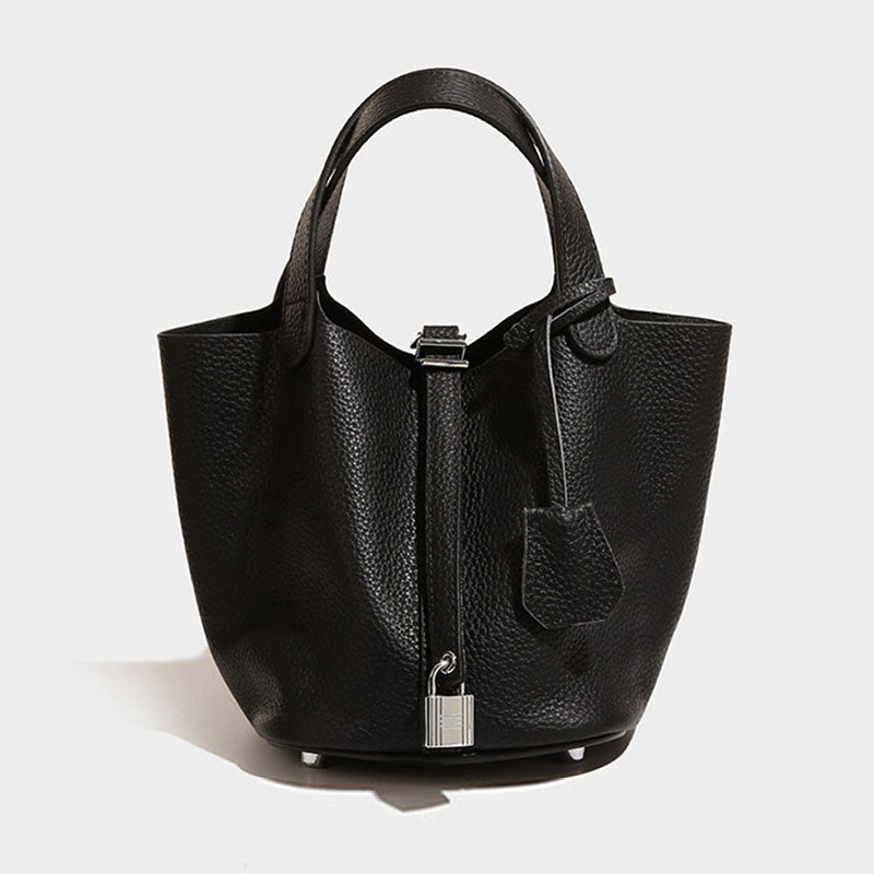 Textured Black Faux Leather Padlock Handle Bag