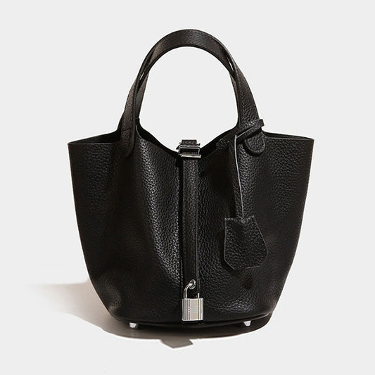 Textured Black Faux Leather Padlock Handle Bag