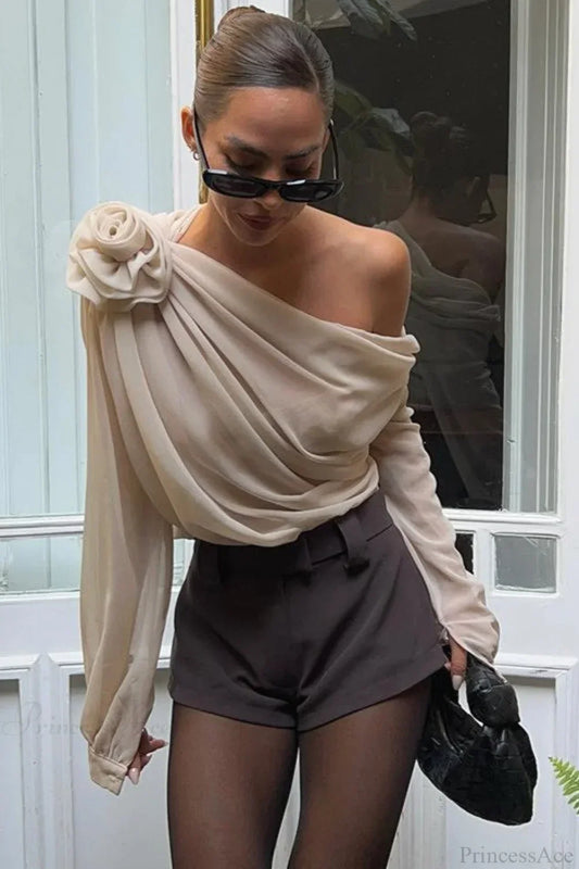 Chiffon Floral Off-the-Shoulder Fitted Blouse
