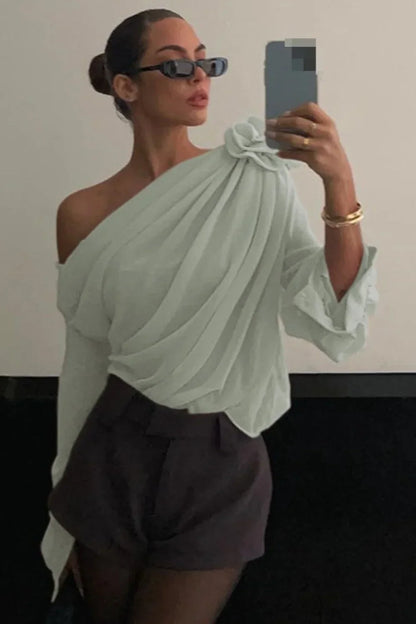 Chiffon Floral Off-the-Shoulder Fitted Blouse