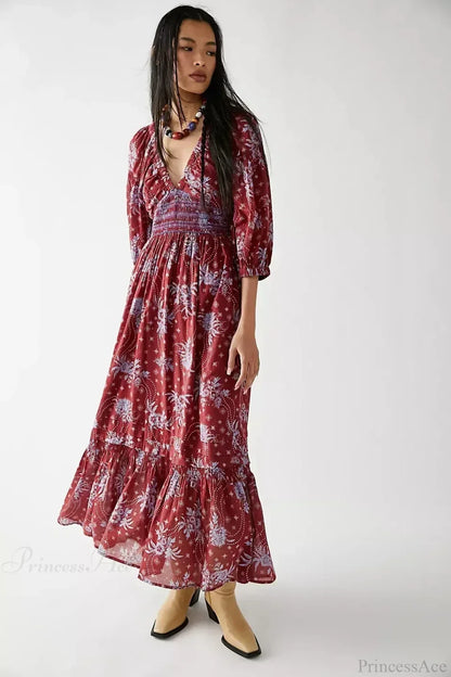 Chiffon Long Sleeve Holiday Floral Boho Dress
