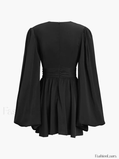 Chiffon Low Cut V-neck Modern Pleated Zip Mini Dress
