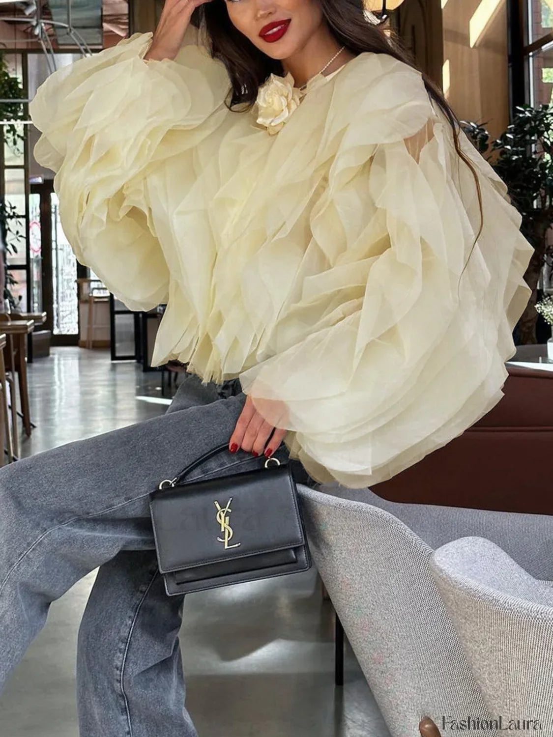 Chiffon Ruffled Graceful Crew Neck Blouse
