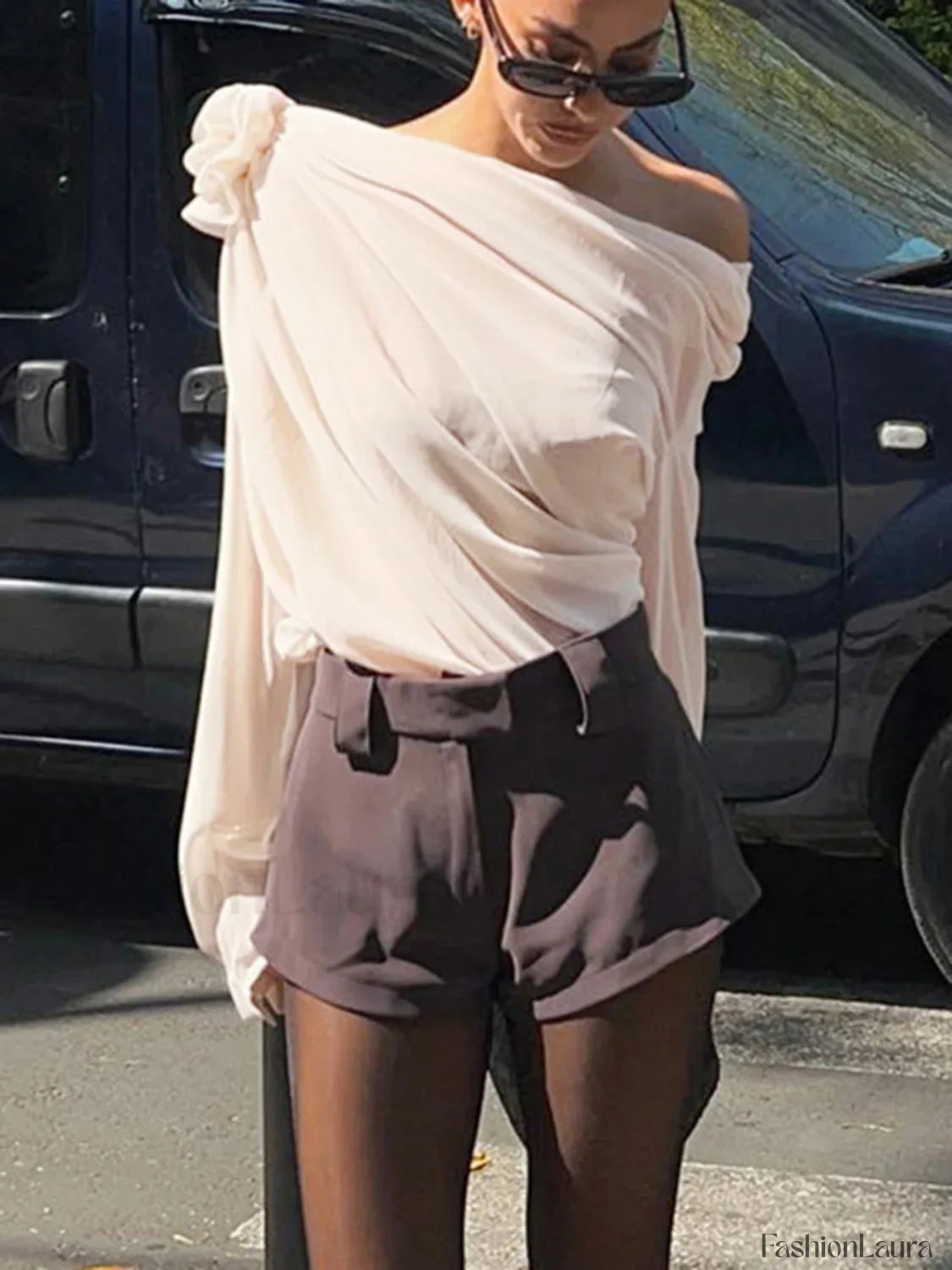 Chiffon Semi-sheer One Trendy Shoulder Asymmetrical Top