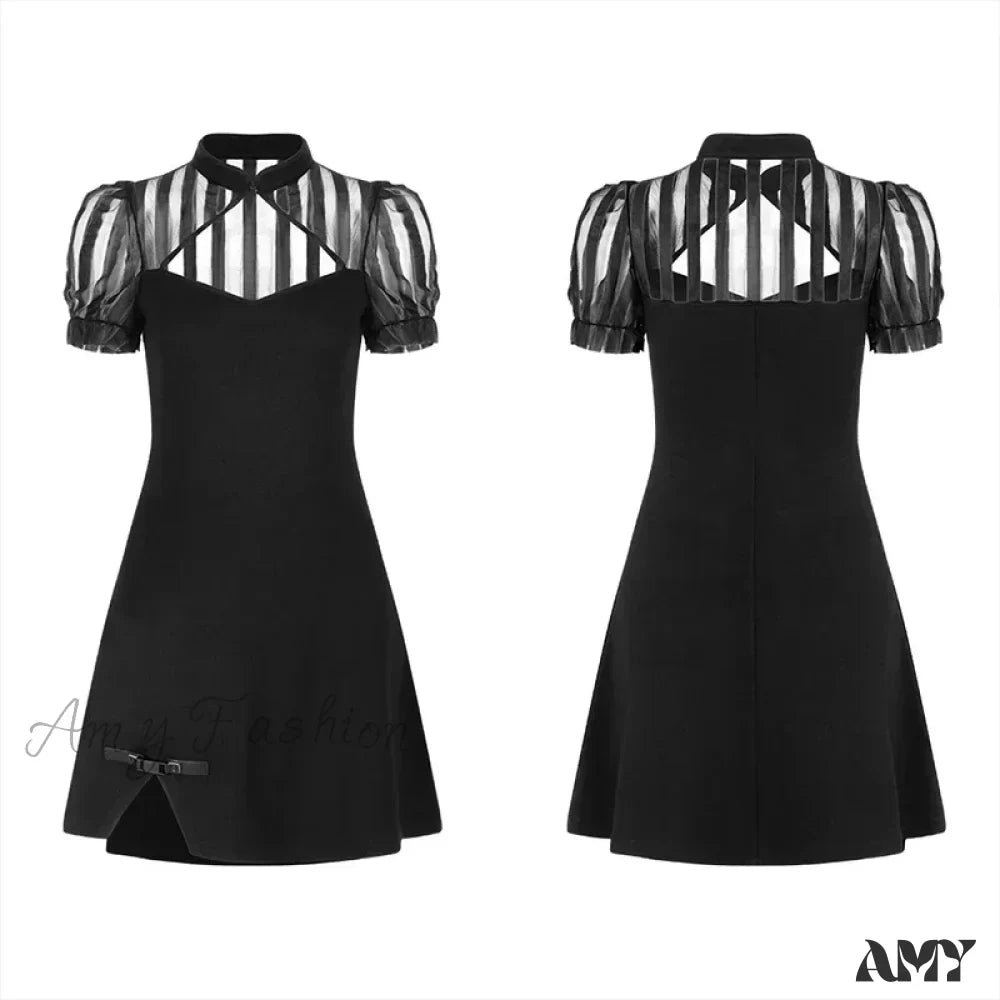 Chinese Silk Fan Punk Puff Sleeve Short High Waist Sexy V-neck Thick Summer Gothic Dress