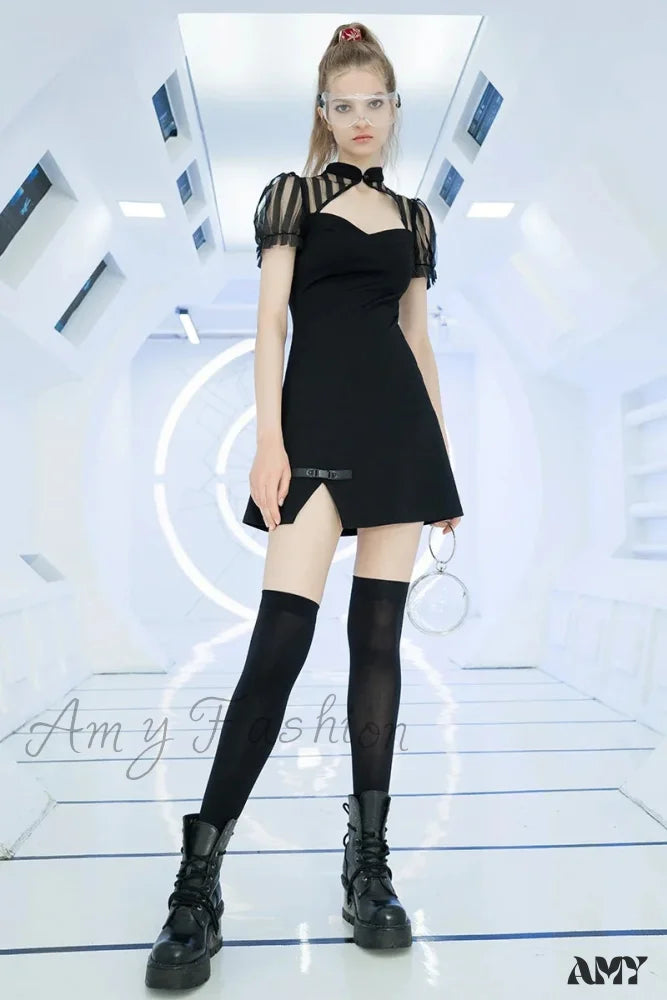 Chinese Silk Fan Punk Puff Sleeve Short High Waist Sexy V-neck Thick Summer Gothic Dress