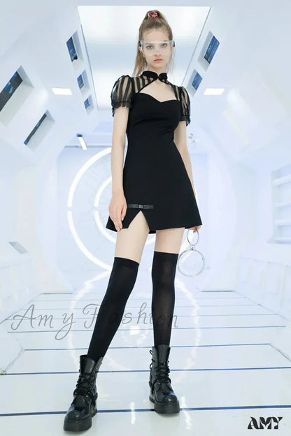 Chinese Silk Fan Punk Puff Sleeve Short High Waist Sexy V-neck Thick Summer Gothic Dress