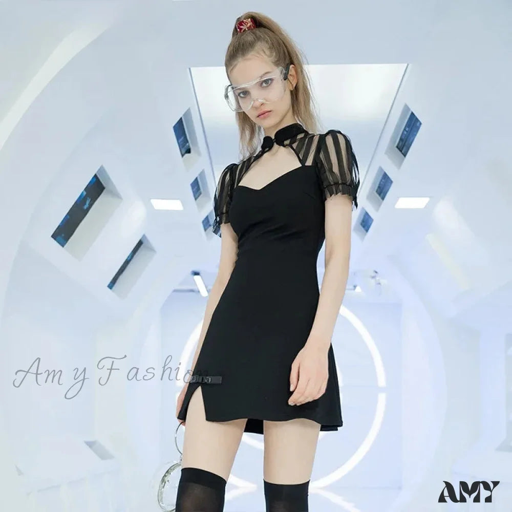 Chinese Silk Fan Punk Puff Sleeve Short High Waist Sexy V-neck Thick Summer Gothic Dress