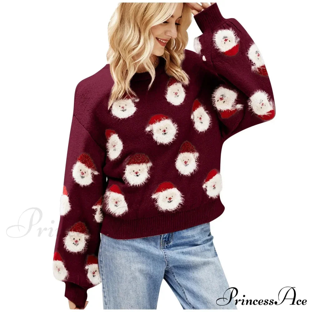 Christmas Cozy Cute Santa Head Round Neck Casual Oversized Warm Winter Sweater