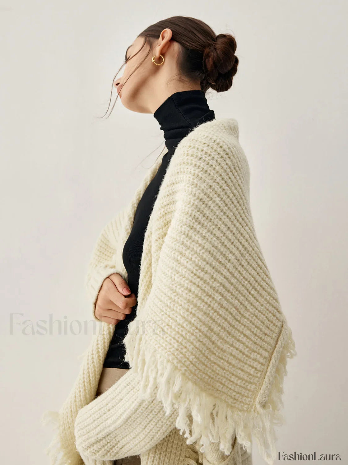 Chunky Knit Tassel Trendy Hem Poncho Cardigan