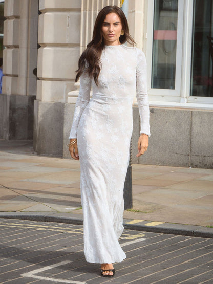 Mock Neck Ribbed Texture Long Sleeve Formfitting Maxi Dress