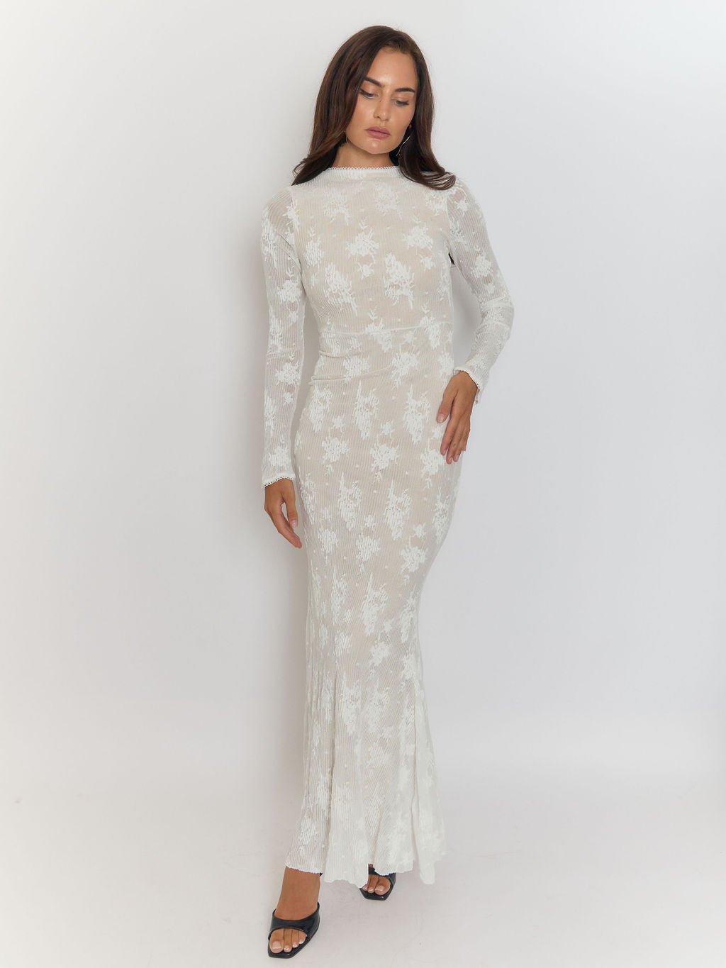 Mock Neck Ribbed Texture Long Sleeve Formfitting Maxi Dress