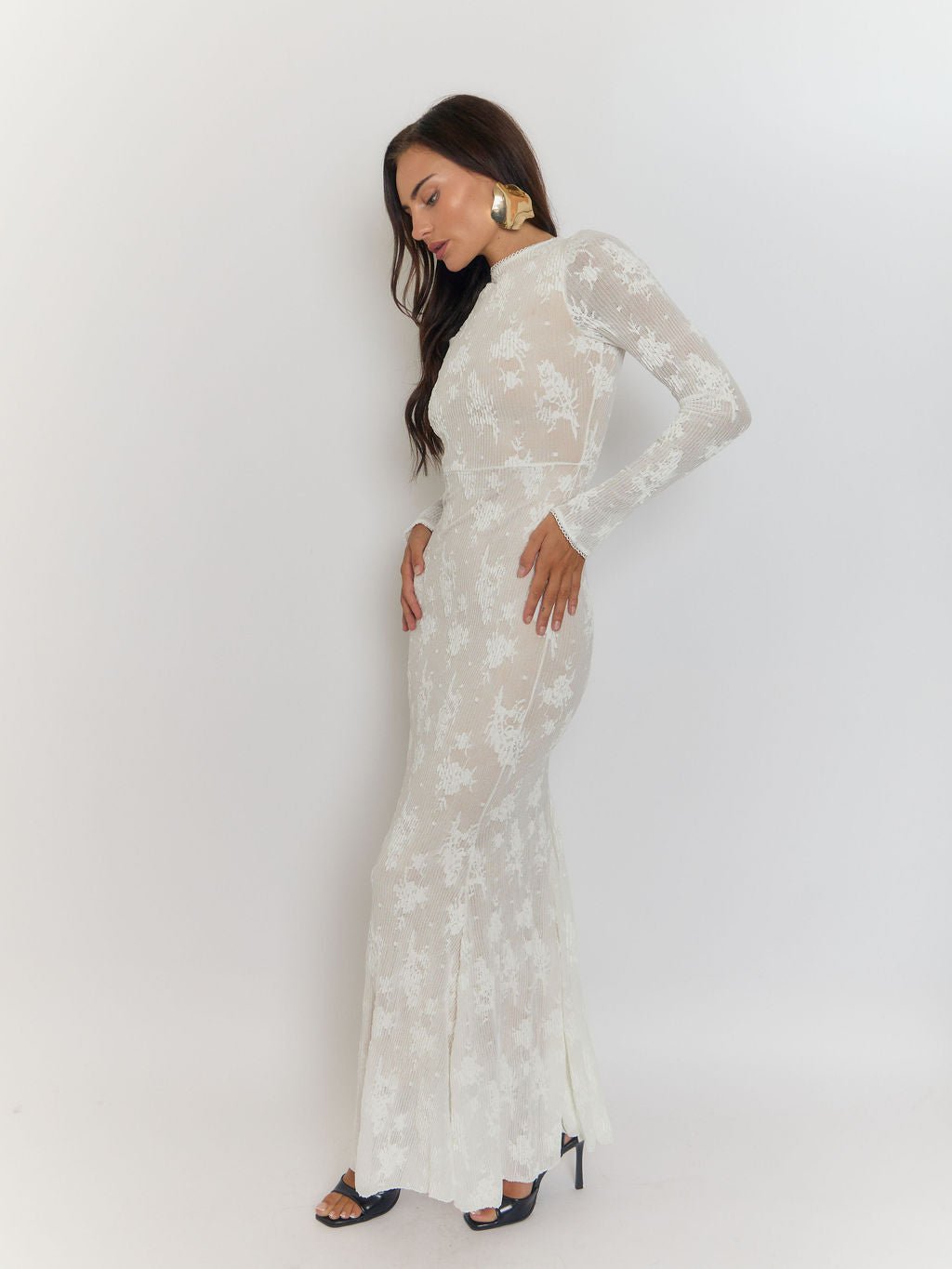Mock Neck Ribbed Texture Long Sleeve Formfitting Maxi Dress