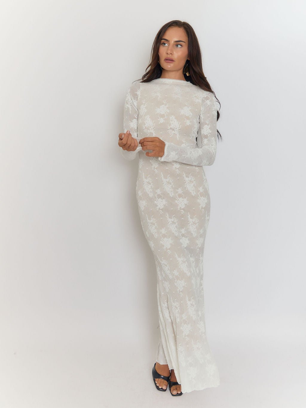 Mock Neck Ribbed Texture Long Sleeve Formfitting Maxi Dress