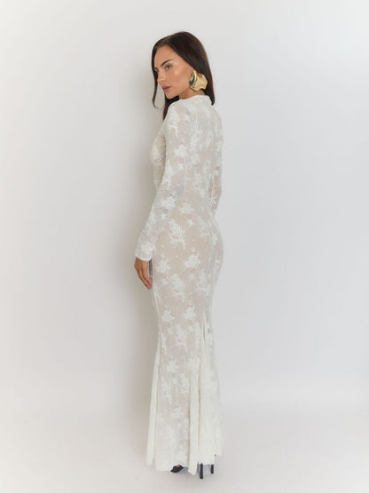 Mock Neck Ribbed Texture Long Sleeve Formfitting Maxi Dress