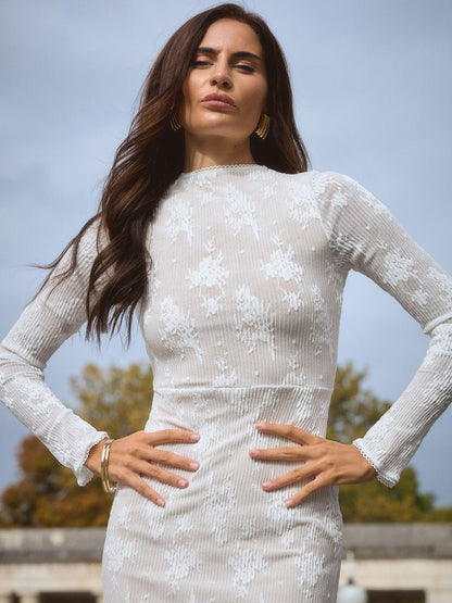 Mock Neck Ribbed Texture Long Sleeve Formfitting Maxi Dress