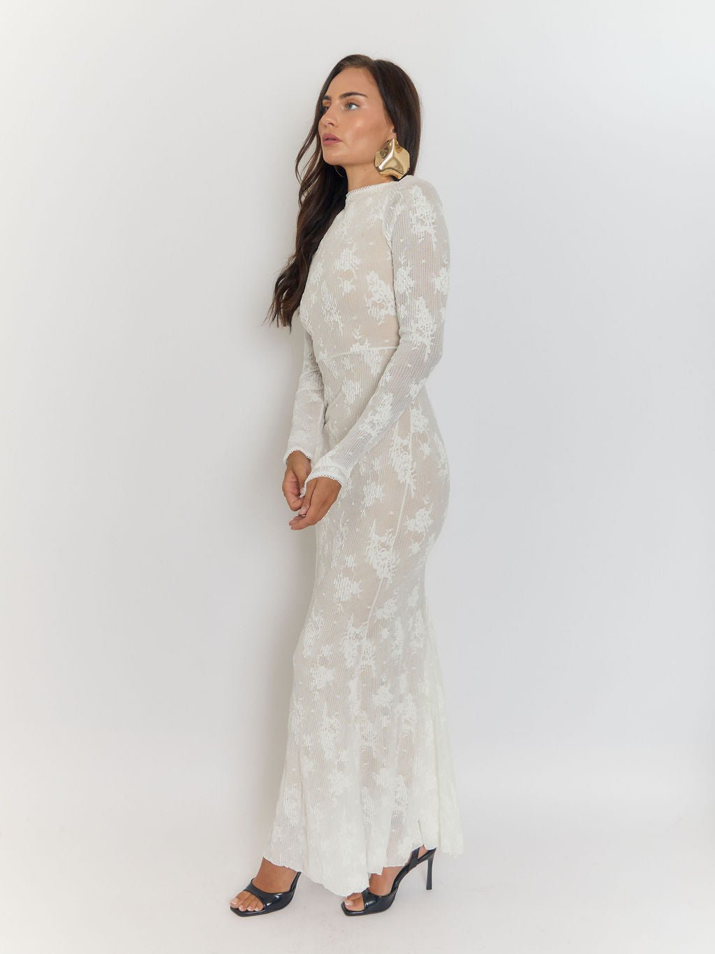 Mock Neck Ribbed Texture Long Sleeve Formfitting Maxi Dress