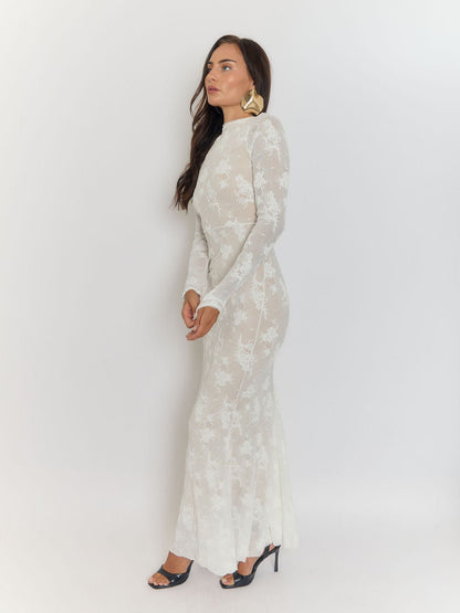 Mock Neck Ribbed Texture Long Sleeve Formfitting Maxi Dress