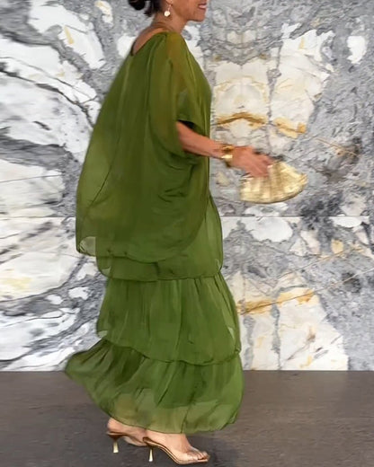 Crew Neck Batwing Sleeve Tiered Layered Flowing Maxi Dress