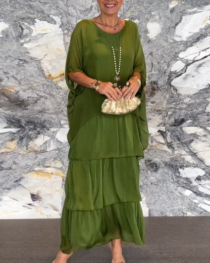 Crew Neck Batwing Sleeve Tiered Layered Flowing Maxi Dress