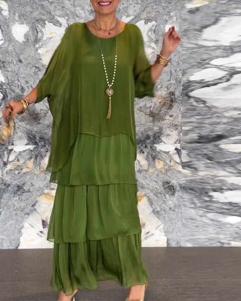 Crew Neck Batwing Sleeve Tiered Layered Flowing Maxi Dress