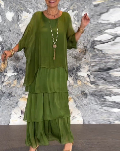 Crew Neck Batwing Sleeve Tiered Layered Flowing Maxi Dress