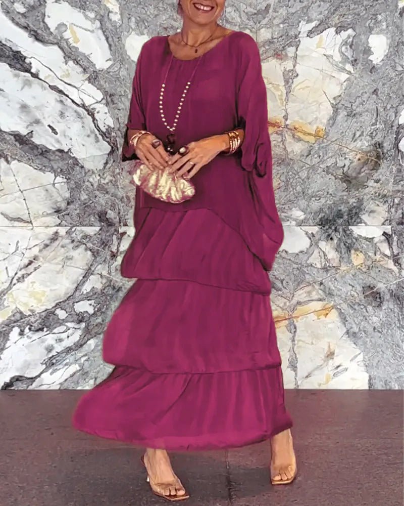 Crew Neck Batwing Sleeve Tiered Layered Flowing Maxi Dress