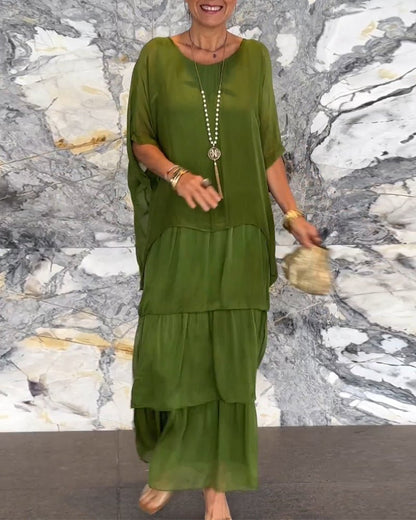 Crew Neck Batwing Sleeve Tiered Layered Flowing Maxi Dress