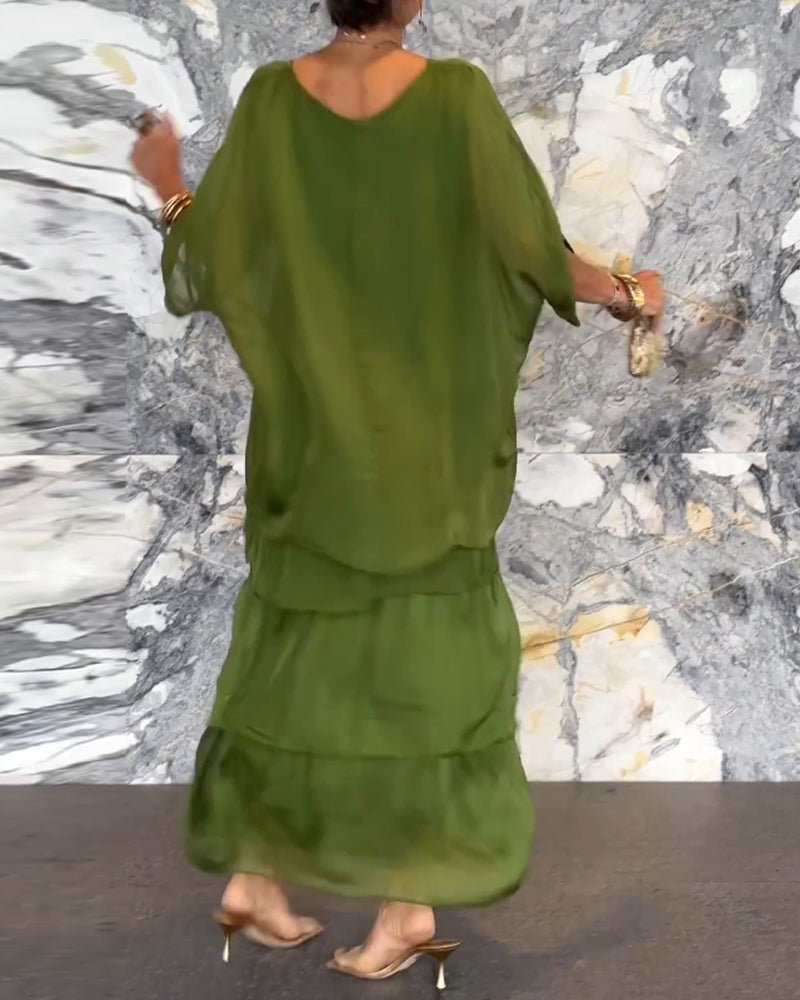 Crew Neck Batwing Sleeve Tiered Layered Flowing Maxi Dress