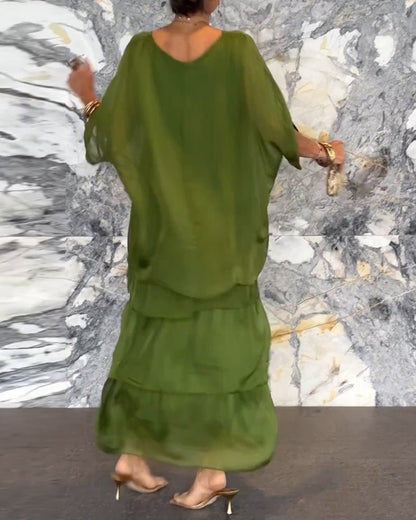 Crew Neck Batwing Sleeve Tiered Layered Flowing Maxi Dress