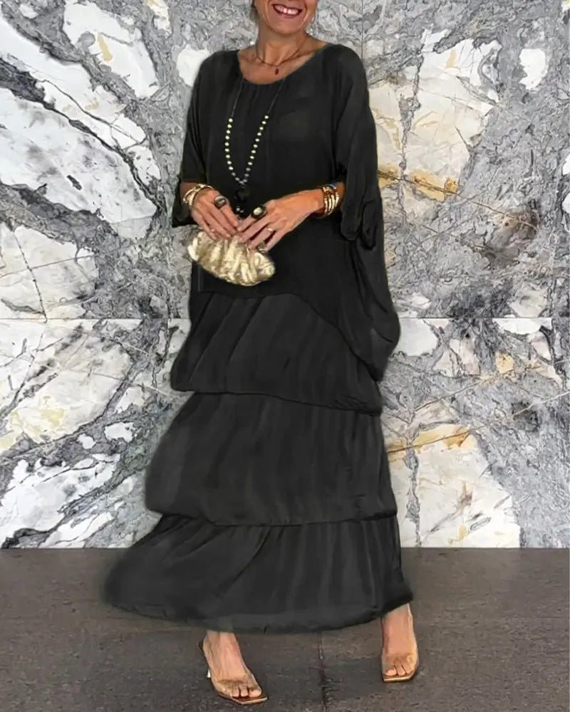 Crew Neck Batwing Sleeve Tiered Layered Flowing Maxi Dress