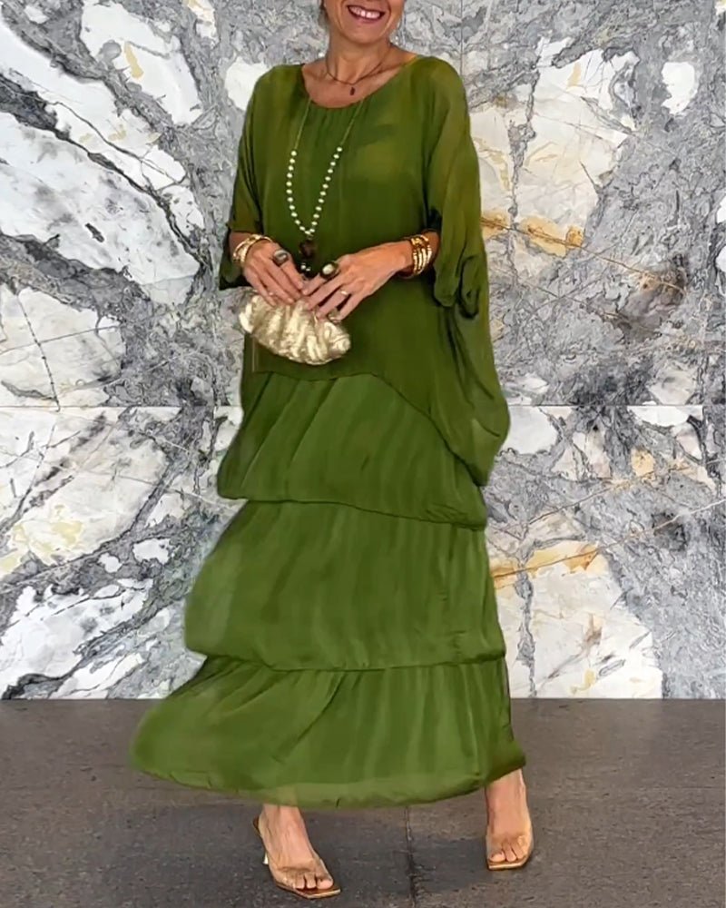 Crew Neck Batwing Sleeve Tiered Layered Flowing Maxi Dress
