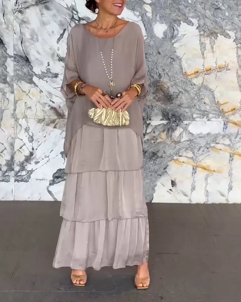 Crew Neck Batwing Sleeve Tiered Layered Flowing Maxi Dress
