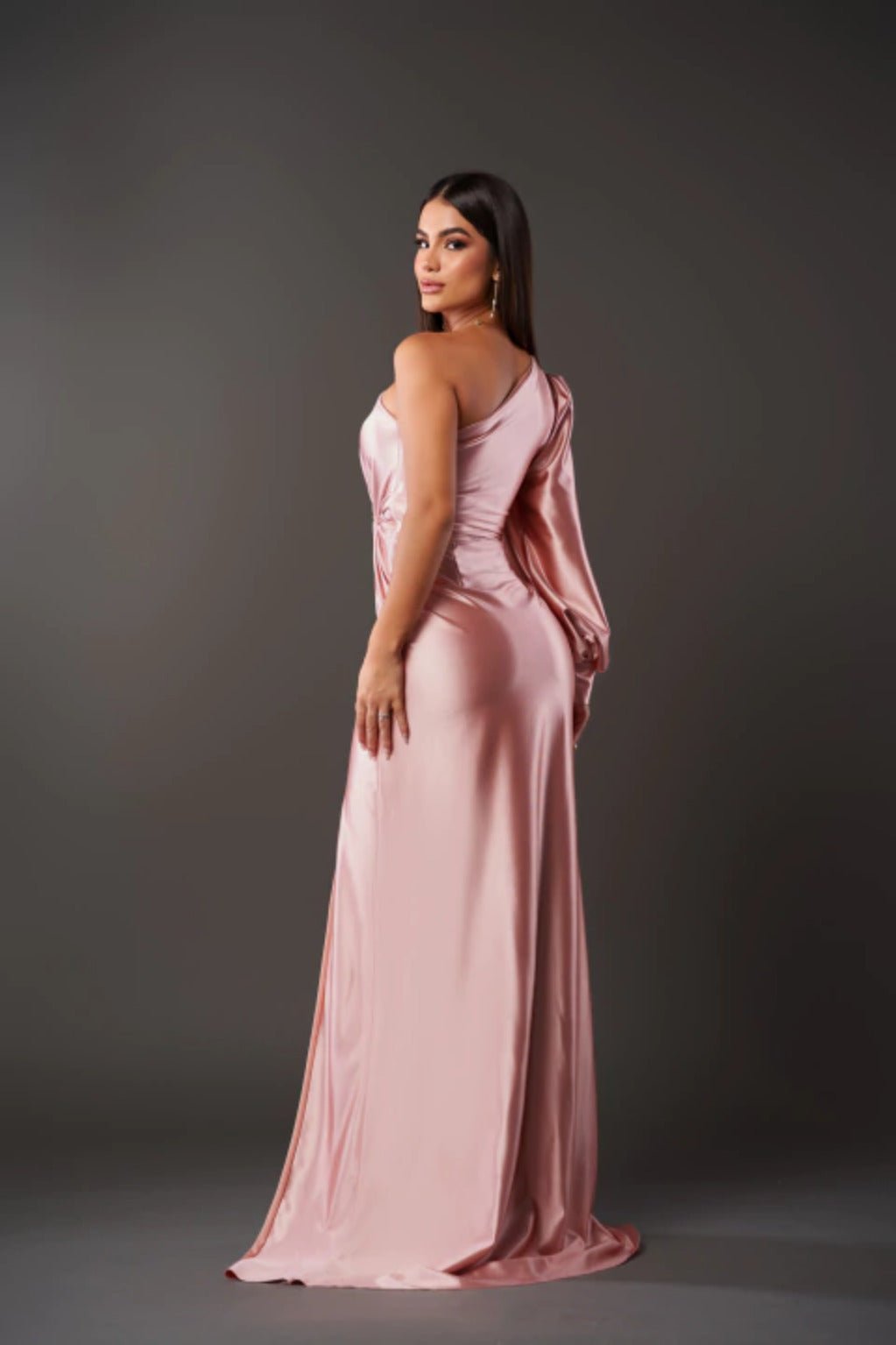 One Shoulder Draped Long Sleeve Twist Waist Ruched High Split Satin Maxi Dress