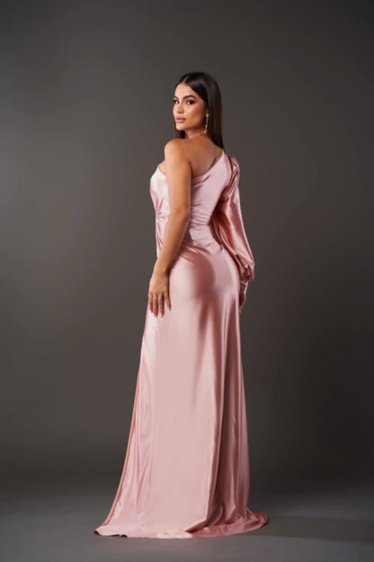 One Shoulder Draped Long Sleeve Twist Waist Ruched High Split Satin Maxi Dress