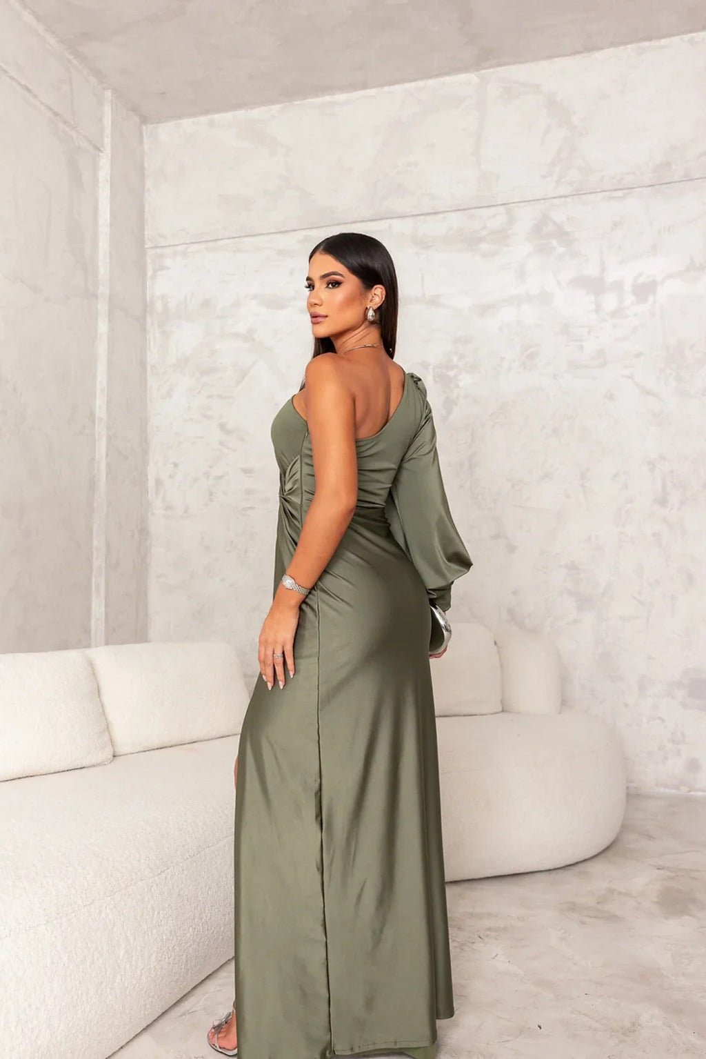 One Shoulder Draped Long Sleeve Twist Waist Ruched High Split Satin Maxi Dress