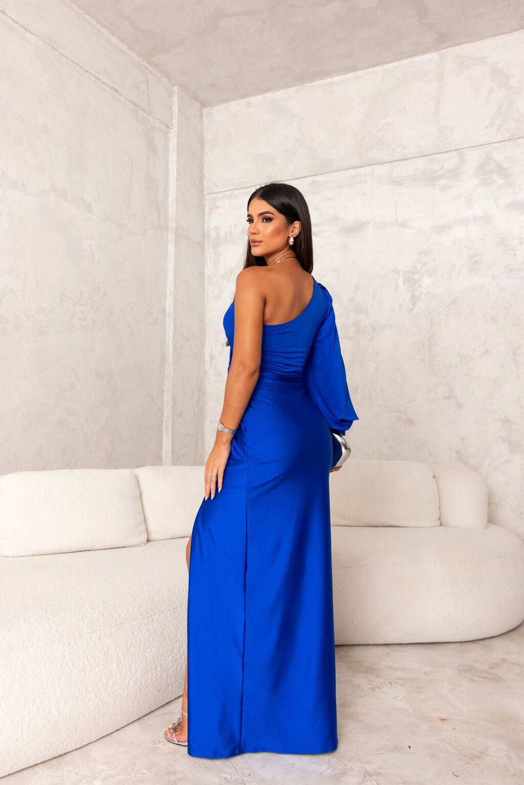 One Shoulder Draped Long Sleeve Twist Waist Ruched High Split Satin Maxi Dress