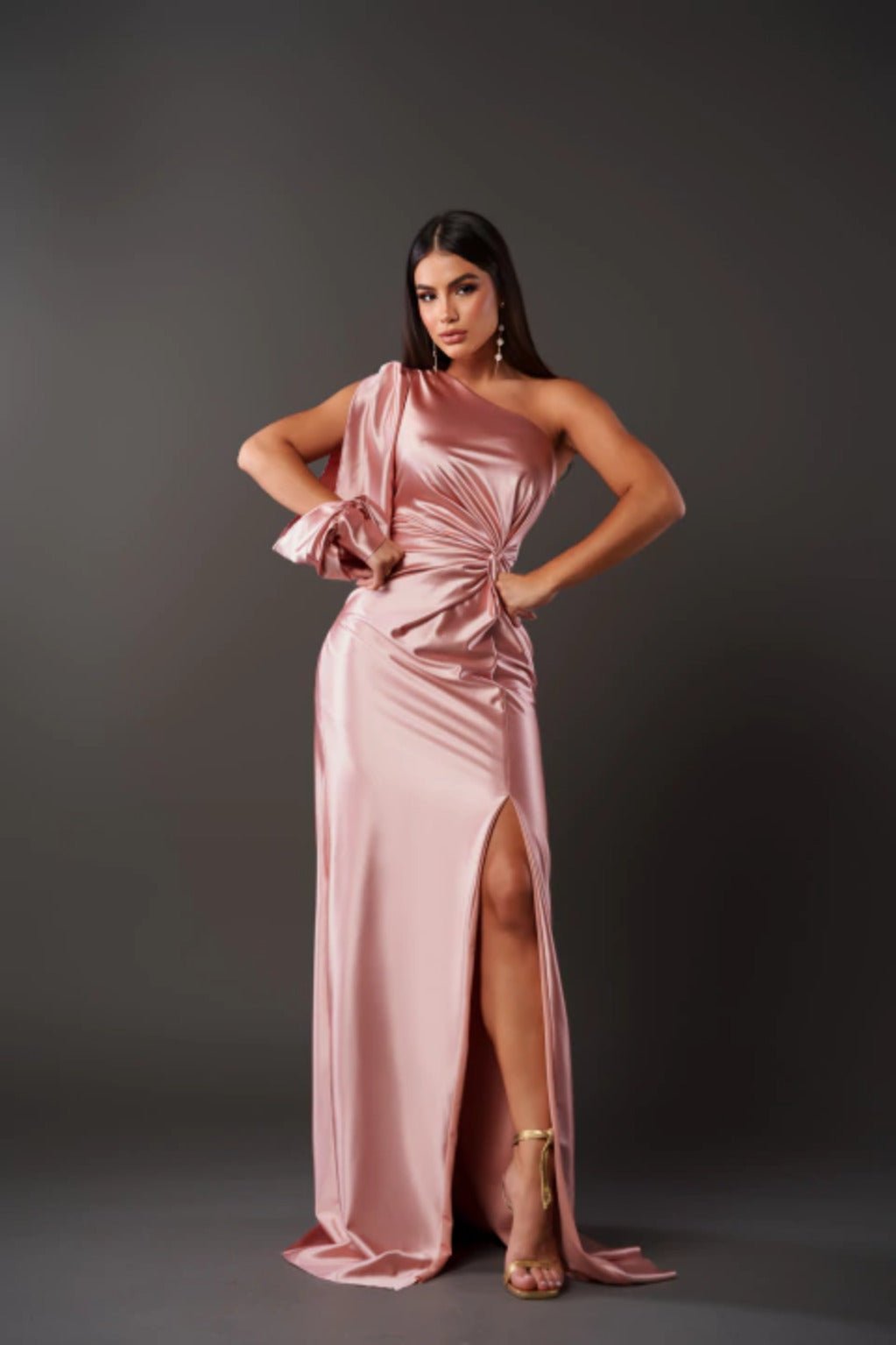 One Shoulder Draped Long Sleeve Twist Waist Ruched High Split Satin Maxi Dress