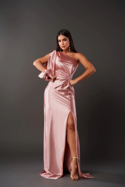 One Shoulder Draped Long Sleeve Twist Waist Ruched High Split Satin Maxi Dress