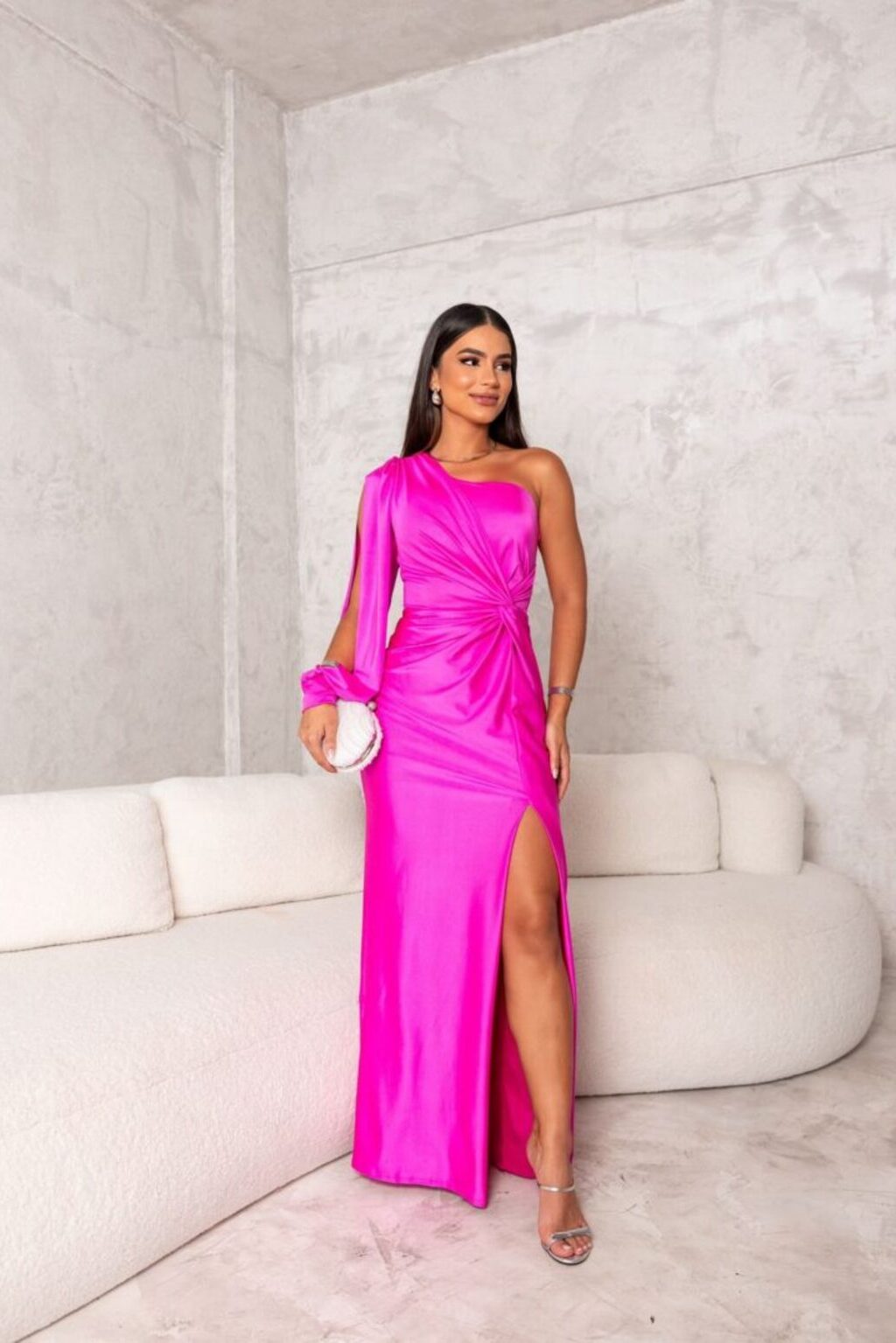 One Shoulder Draped Long Sleeve Twist Waist Ruched High Split Satin Maxi Dress