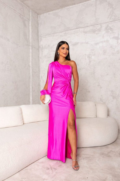One Shoulder Draped Long Sleeve Twist Waist Ruched High Split Satin Maxi Dress