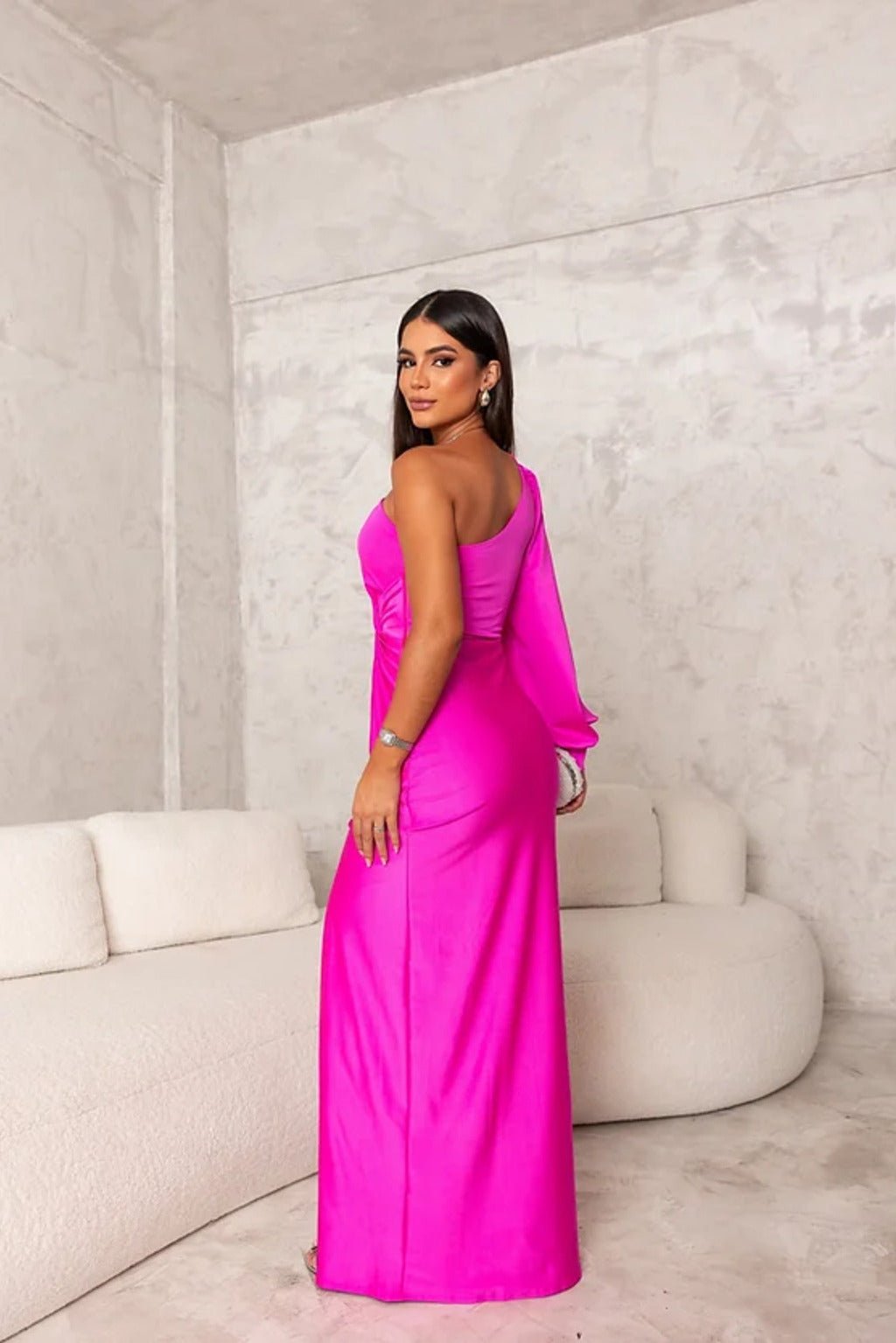 One Shoulder Draped Long Sleeve Twist Waist Ruched High Split Satin Maxi Dress
