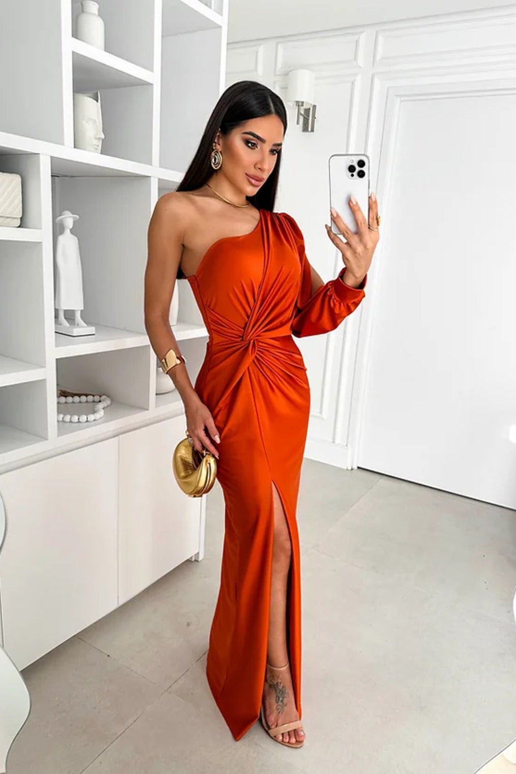 One Shoulder Draped Long Sleeve Twist Waist Ruched High Split Satin Maxi Dress